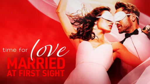 Blindfolded couple leaning toward a kiss beside “Married at First Sight” text.