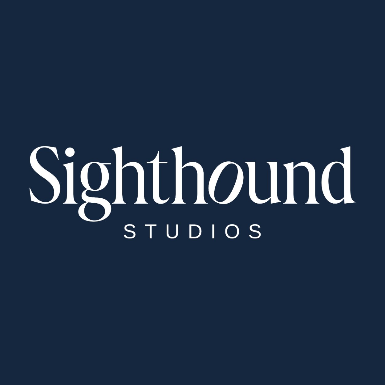 White “Sighthound Studios” logo centered on a solid dark navy-blue square background.