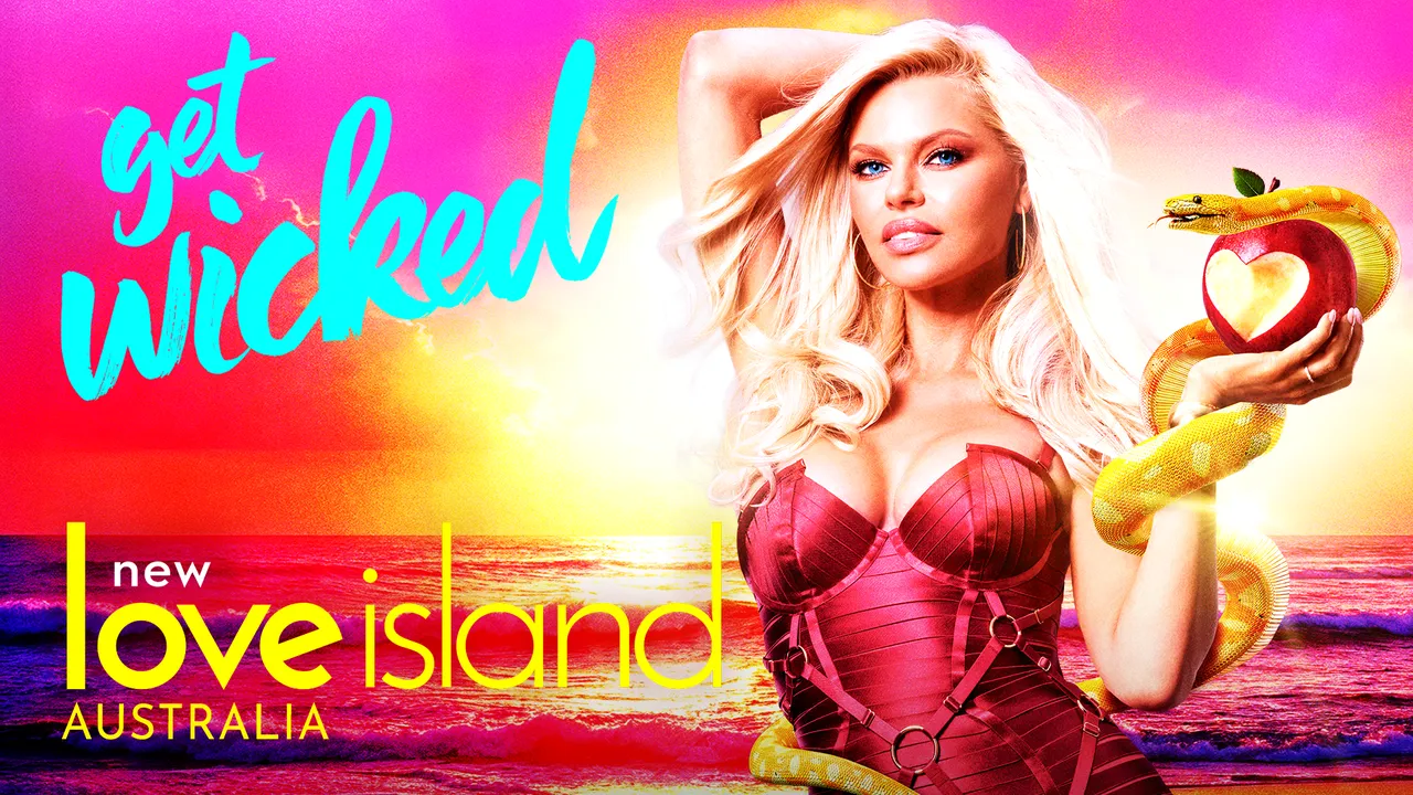 Blonde woman in a red corset holds a heart-marked apple while a yellow snake coils around her against a sunset ocean.