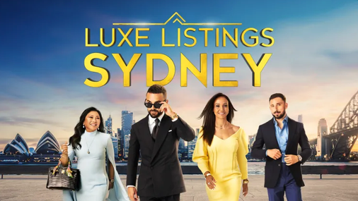 Four professionals stand before Sydney Harbour beneath gold “LUXE LISTINGS SYDNEY” text.