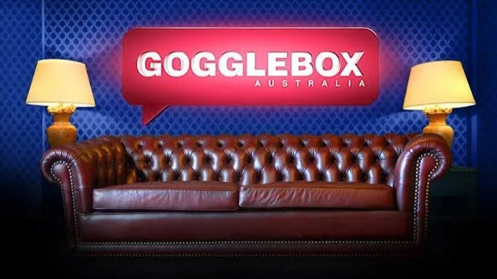 GOGGLEBOX AUSTRALIA sign above a brown leather Chesterfield sofa flanked by two lamps.