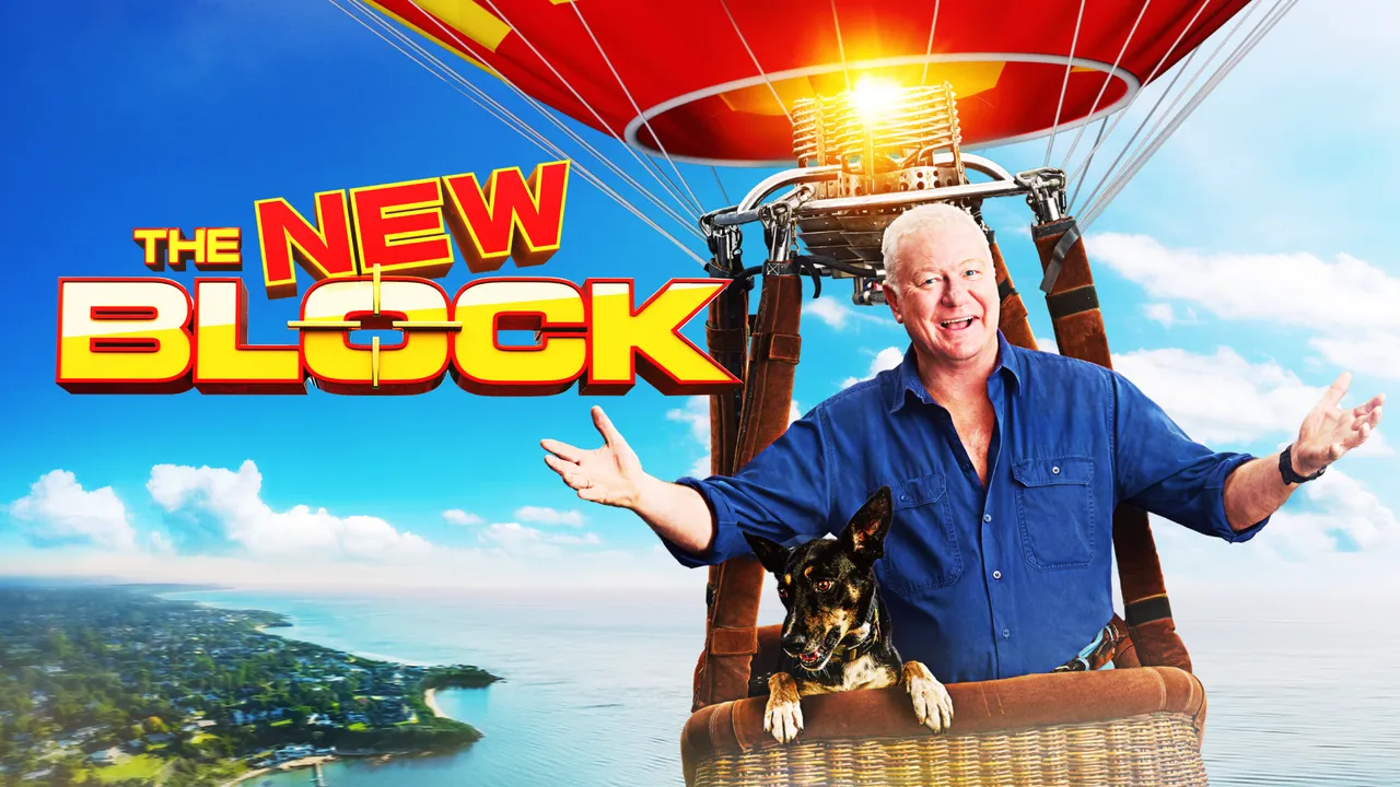“The New Block” text beside a smiling man and dog in a hot-air balloon over a coastline.