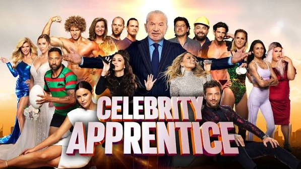 Promotional collage of a suited older man surrounded by celebrities above the title “CELEBRITY APPRENTICE.”
