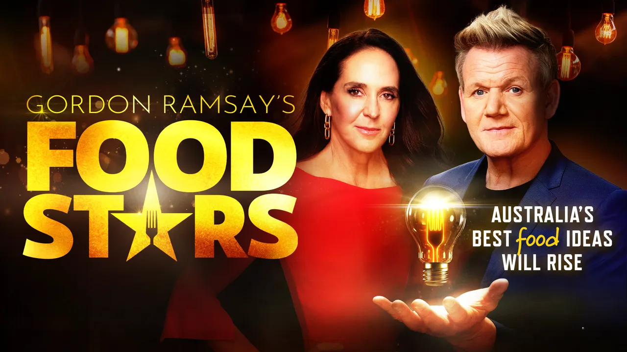 Gordon Ramsay and a woman promote “Gordon Ramsay’s Food Stars” beside a glowing light bulb.