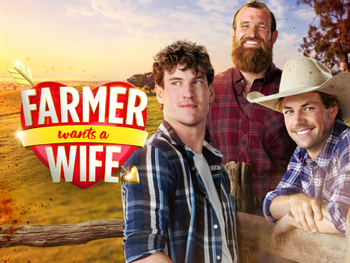 Promotional poster showing three men on a farm beside the text “FARMER wants a WIFE.”