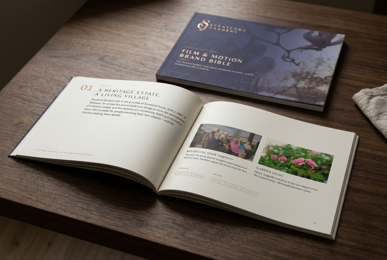 Open Stratford Gardens brand book with photos of people and flowers on a wooden table.