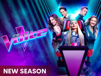 Neon promotional poster for The Voice featuring five performers around a large red-and-black chair, with “NEW SEASON” text.