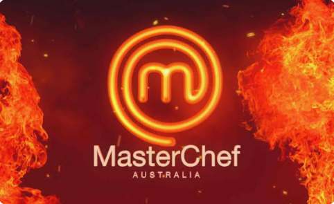 MasterChef Australia logo and text centered between flames on a dark red background.