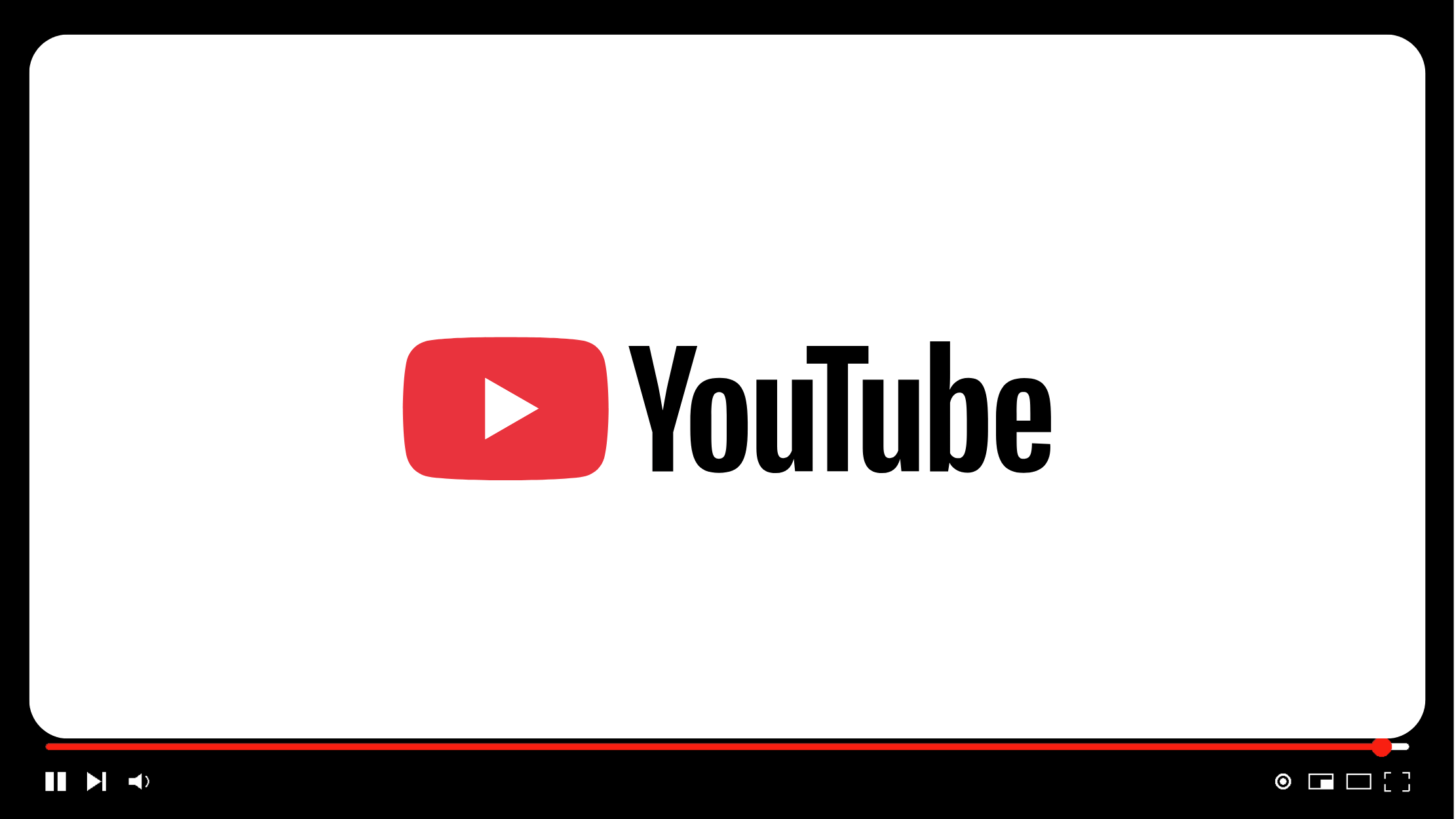 YouTube logo centered in a white rounded video player with playback controls on a black background.