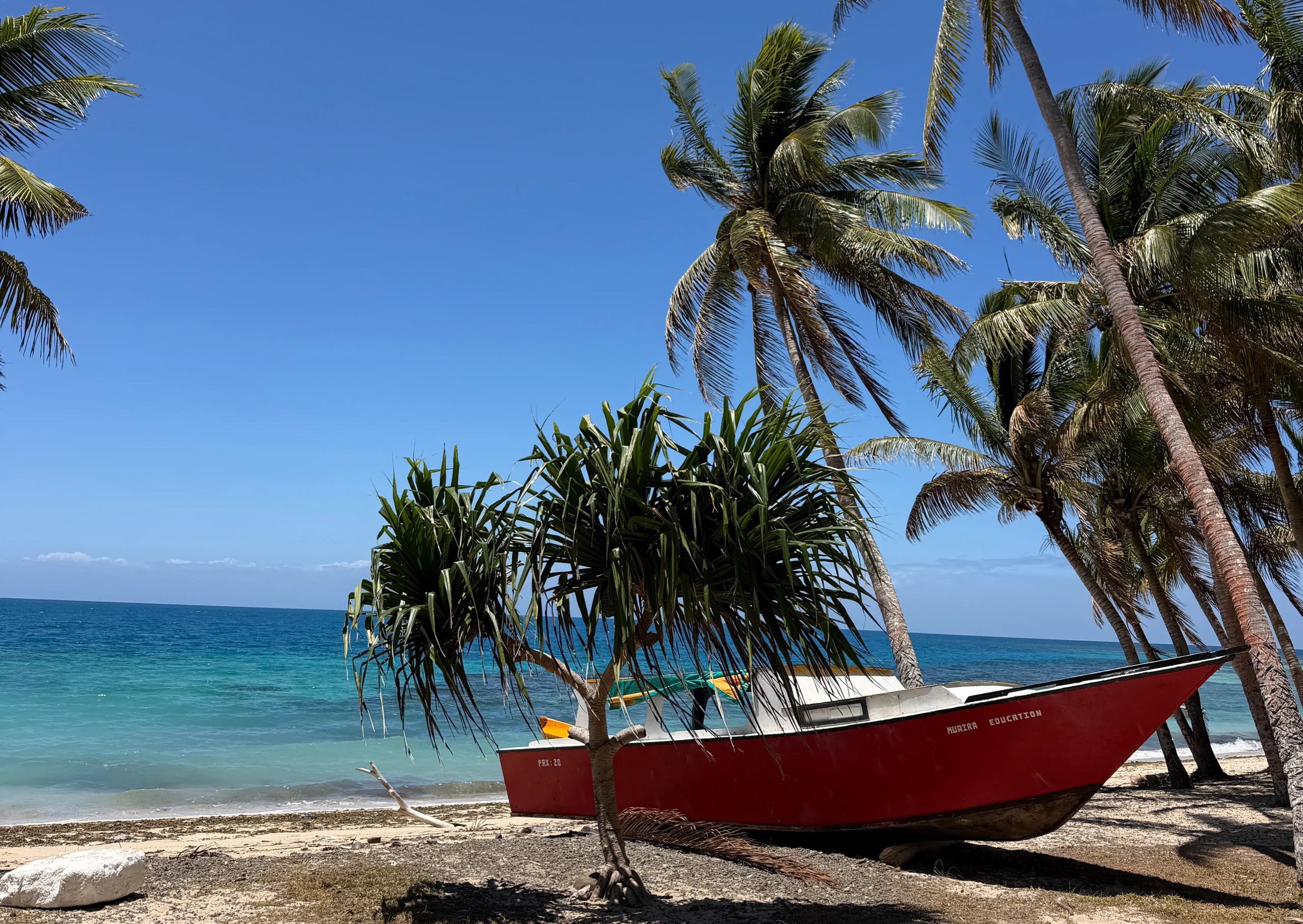 Red boat on a tropical beach with palm trees, turquoise ocean and blue sky.
